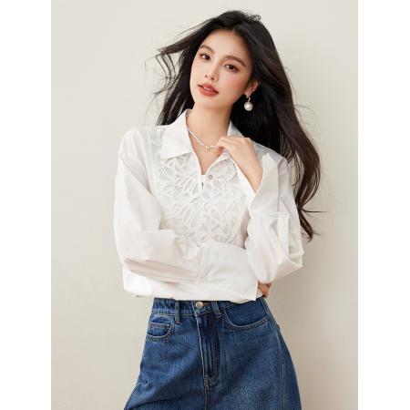 FA53633# 新款法式通勤风白色刺绣宽松气质衬衫
