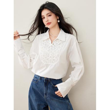 FA53633# 新款法式通勤风白色刺绣宽松气质衬衫