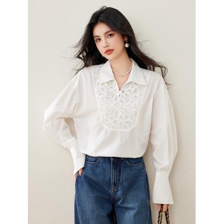 FA53633# 新款法式通勤风白色刺绣宽松气质衬衫