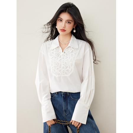 FA53633# 新款法式通勤风白色刺绣宽松气质衬衫
