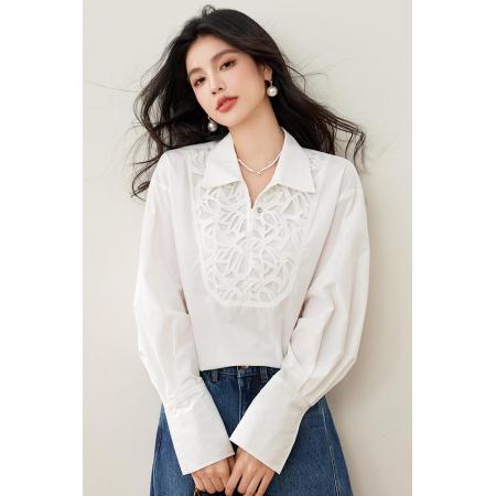 FA53633# 新款法式通勤风白色刺绣宽松气质衬衫