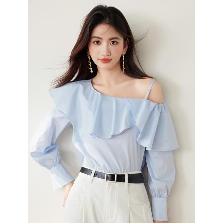 FA53634# 春季新款女装甜美荷叶边一字领露肩长袖上衣