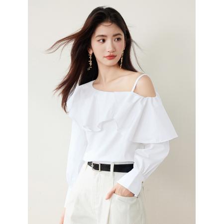 FA53634# 春季新款女装甜美荷叶边一字领露肩长袖上衣