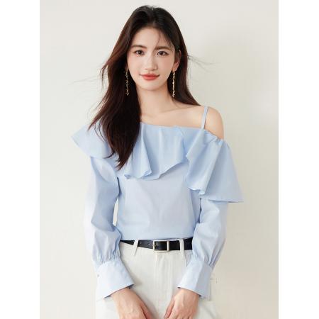 FA53634# 春季新款女装甜美荷叶边一字领露肩长袖上衣