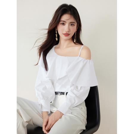 FA53634# 春季新款女装甜美荷叶边一字领露肩长袖上衣