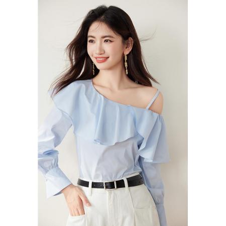 FA53634# 春季新款女装甜美荷叶边一字领露肩长袖上衣