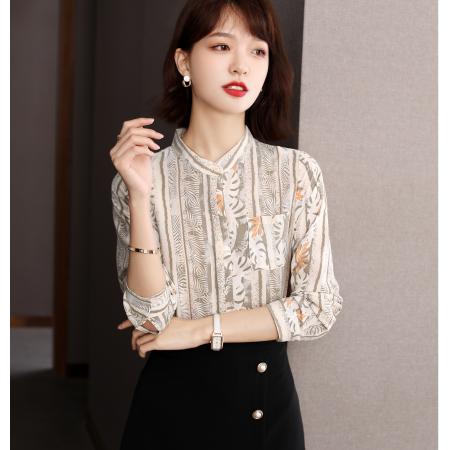 FA53635# 复古港味轻熟立领碎花女衬衫春款时尚气质雪纺衫小众设计感