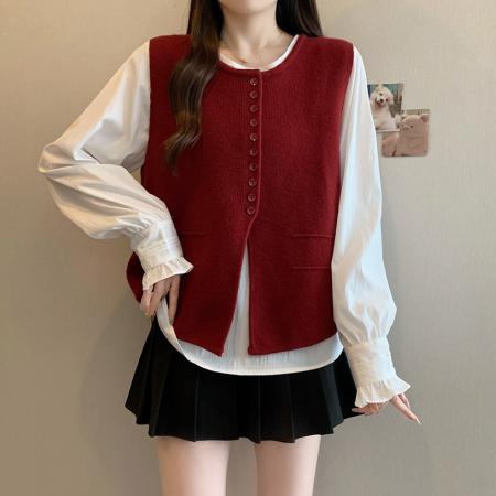 FA53636# 春装新款胖mm大码女优雅针织马甲喇叭袖衬衫两件套