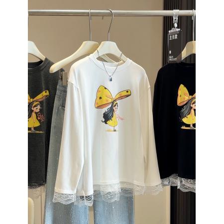 FA53641# 韩版减龄蕾丝拼接可爱卡通蝴蝶结女孩长袖宽松T恤女春季新款上衣