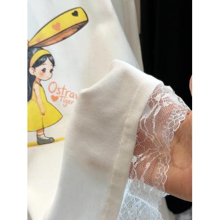 FA53641# 韩版减龄蕾丝拼接可爱卡通蝴蝶结女孩长袖宽松T恤女春季新款上衣