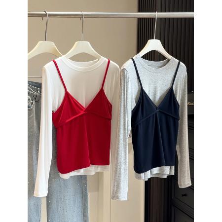 FA53642# V领针织吊带背心女叠穿显瘦时尚长袖T恤两件套春新款韩系套装