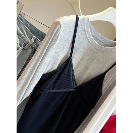 FA53642# V领针织吊带背心女叠穿显瘦时尚长袖T恤两件套春新款韩系套装