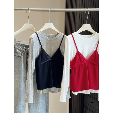 FA53642# V领针织吊带背心女叠穿显瘦时尚长袖T恤两件套春新款韩系套装