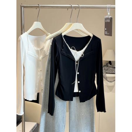 FA53643# 韩系假两件木耳边翻领长袖T恤女春新款修身显瘦内搭打底开衫上衣