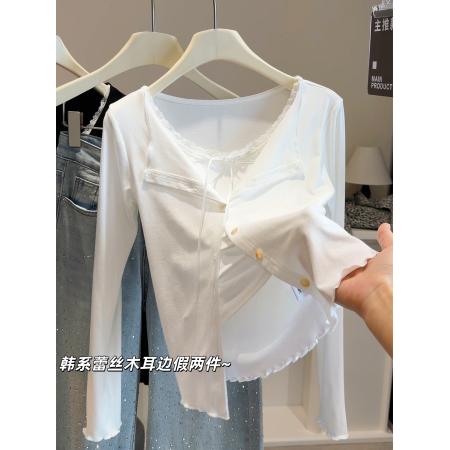 FA53643# 韩系假两件木耳边翻领长袖T恤女春新款修身显瘦内搭打底开衫上衣