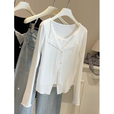 FA53643# 韩系假两件木耳边翻领长袖T恤女春新款修身显瘦内搭打底开衫上衣