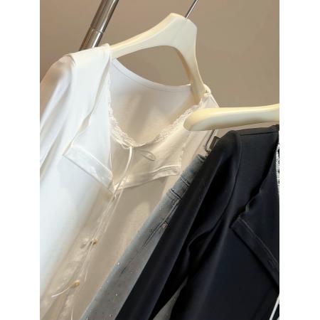 FA53643# 韩系假两件木耳边翻领长袖T恤女春新款修身显瘦内搭打底开衫上衣