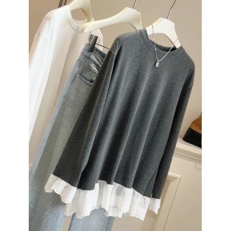 FA53644# 春季假两件蕾丝花边拼接长袖T恤女宽松显瘦遮屁股中长款上衣