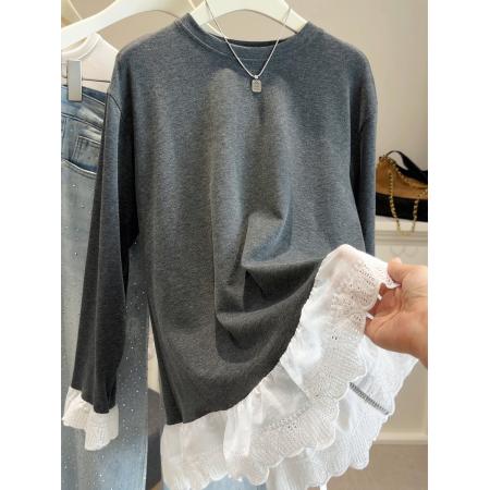 FA53644# 春季假两件蕾丝花边拼接长袖T恤女宽松显瘦遮屁股中长款上衣