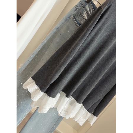 FA53644# 春季假两件蕾丝花边拼接长袖T恤女宽松显瘦遮屁股中长款上衣