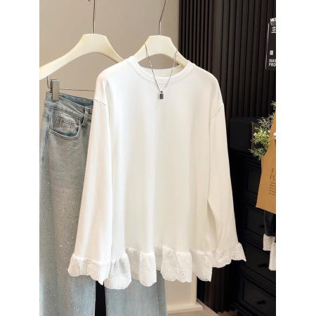 FA53644# 春季假两件蕾丝花边拼接长袖T恤女宽松显瘦遮屁股中长款上衣