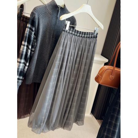 FA53645# 时尚气质网纱拼接格子半身裙女春季新款松紧腰宽松显瘦蓬蓬花苞裙