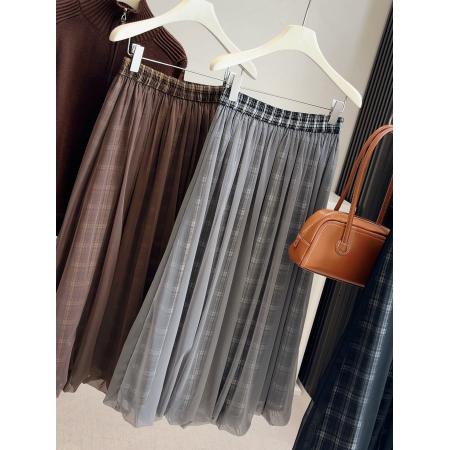 FA53645# 时尚气质网纱拼接格子半身裙女春季新款松紧腰宽松显瘦蓬蓬花苞裙