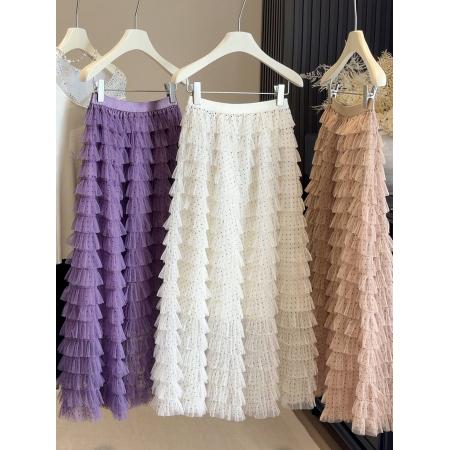 FA53646# 层层蓬蓬波点网纱蛋糕半身裙女春秋高腰显瘦A字超仙纱裙中长裙子