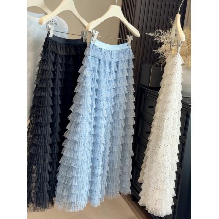 FA53646# 层层蓬蓬波点网纱蛋糕半身裙女春秋高腰显瘦A字超仙纱裙中长裙子