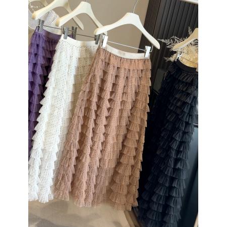 FA53646# 层层蓬蓬波点网纱蛋糕半身裙女春秋高腰显瘦A字超仙纱裙中长裙子