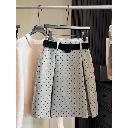 FA53648# 复古波点高腰毛呢半身裙女秋冬新款百搭修身显瘦A字百搭中裙