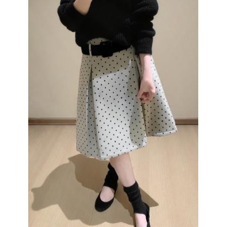 FA53648# 复古波点高腰毛呢半身裙女秋冬新款百搭修身显瘦A字百搭中裙