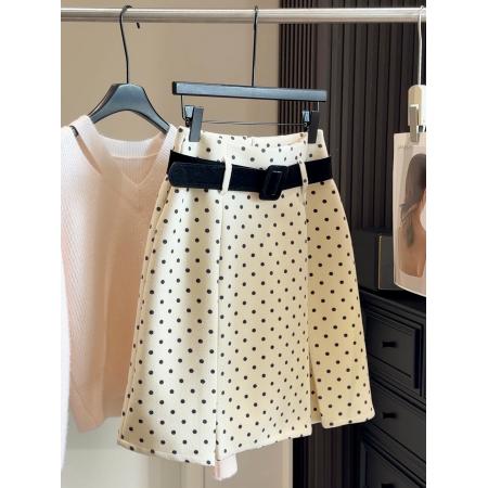 FA53648# 复古波点高腰毛呢半身裙女秋冬新款百搭修身显瘦A字百搭中裙