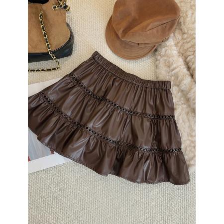 FA53649# 镂空pu皮裙短裙女秋冬25新款小个子松紧高腰显瘦a字蓬蓬蛋糕皮裙