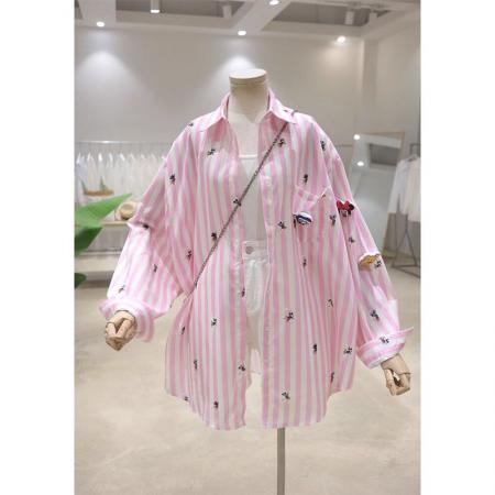 FA53650# 外贸原版韩国东大门时尚气质条纹刺绣立体卡通衬衫女薄款防晒潮