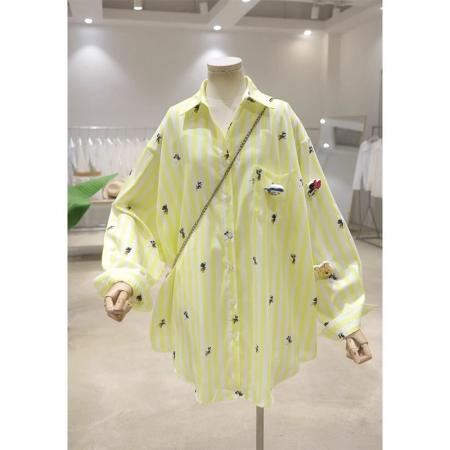 FA53650# 外贸原版韩国东大门时尚气质条纹刺绣立体卡通衬衫女薄款防晒潮