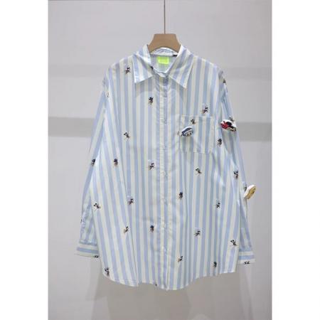 FA53650# 外贸原版韩国东大门时尚气质条纹刺绣立体卡通衬衫女薄款防晒潮