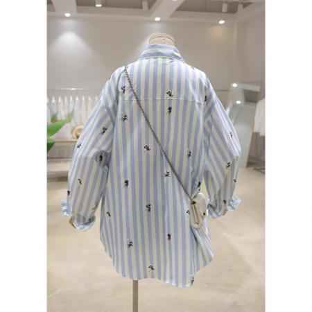 FA53650# 外贸原版韩国东大门时尚气质条纹刺绣立体卡通衬衫女薄款防晒潮