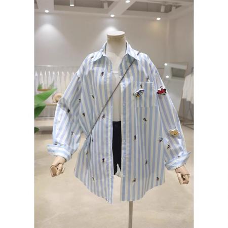 FA53650# 外贸原版韩国东大门时尚气质条纹刺绣立体卡通衬衫女薄款防晒潮