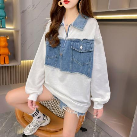 FA53652# 高品质韩版华棉复古牛仔拼接polo衫卫衣女大码春秋薄款