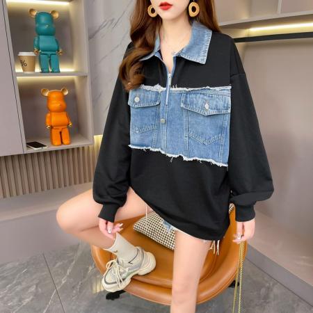 FA53652# 高品质韩版华棉复古牛仔拼接polo衫卫衣女大码春秋薄款