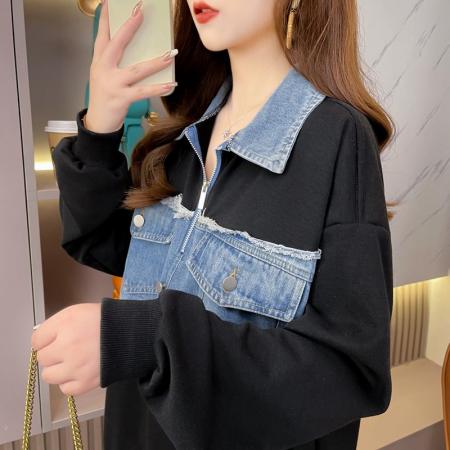 FA53652# 高品质韩版华棉复古牛仔拼接polo衫卫衣女大码春秋薄款