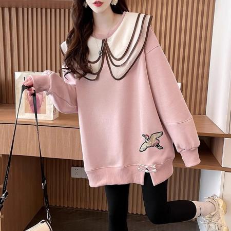 FA53653# 华棉复春秋装新款薄款韩版刺绣娃娃领中国风卫衣女大码