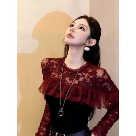 FA53654# 酒红色蕾丝拼接上衣冬季爆款绝美巨好看气质名媛内搭叠穿衬衫