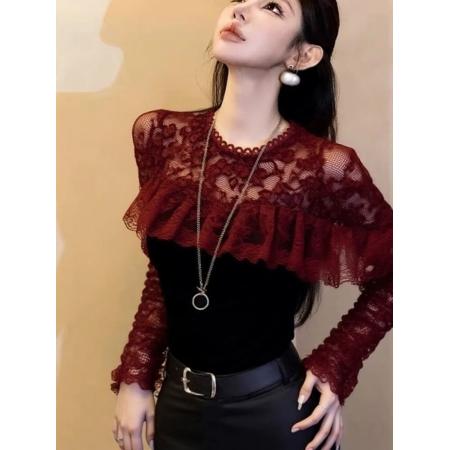 FA53654# 酒红色蕾丝拼接上衣冬季爆款绝美巨好看气质名媛内搭叠穿衬衫