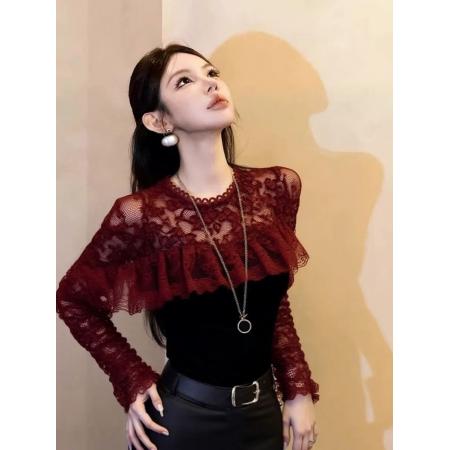 FA53654# 酒红色蕾丝拼接上衣冬季爆款绝美巨好看气质名媛内搭叠穿衬衫