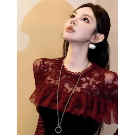 FA53654# 酒红色蕾丝拼接上衣冬季爆款绝美巨好看气质名媛内搭叠穿衬衫