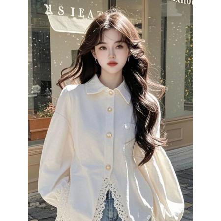 FA53656# 高级感白色蕾丝拼接衬衫女春季新款设计感减龄洋气小衫上衣服