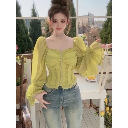 FA53657# 纯欲一字肩长袖露肩衬衫女春季设计感收腰显瘦短款泡泡袖法式上衣