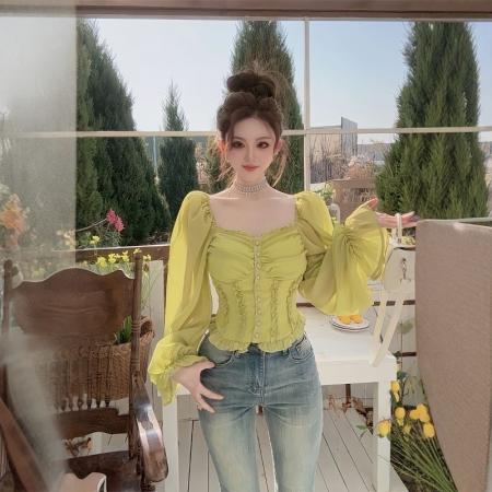 FA53657# 纯欲一字肩长袖露肩衬衫女春季设计感收腰显瘦短款泡泡袖法式上衣
